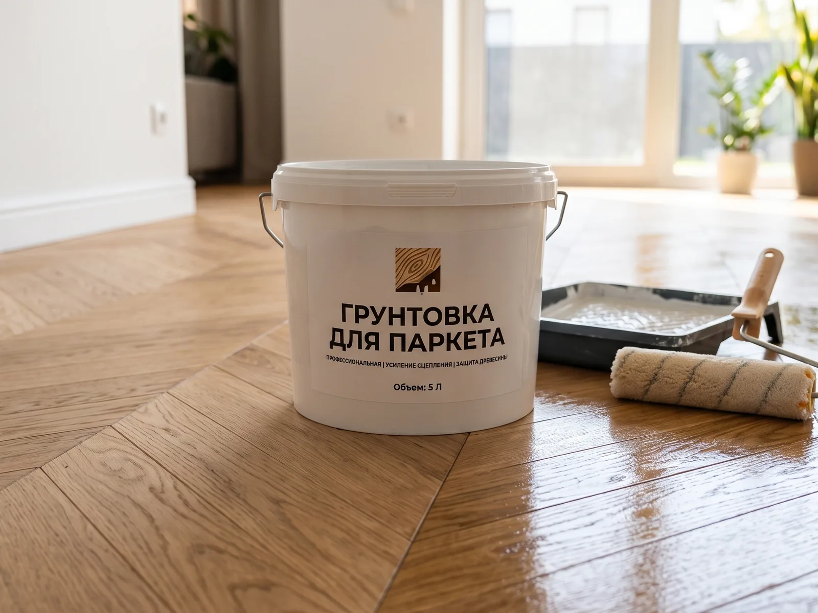 Грунтовка для паркета — ведро 5 л, валик и малярный лоток
